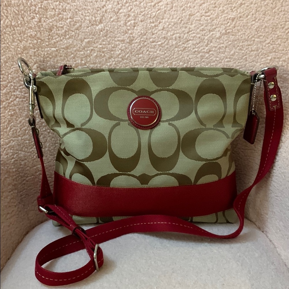 Coach Olive Signature Crossbody with Red Leather Trim